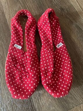 Toms Red Knit Slip-On Shoes with White Dot Pattern